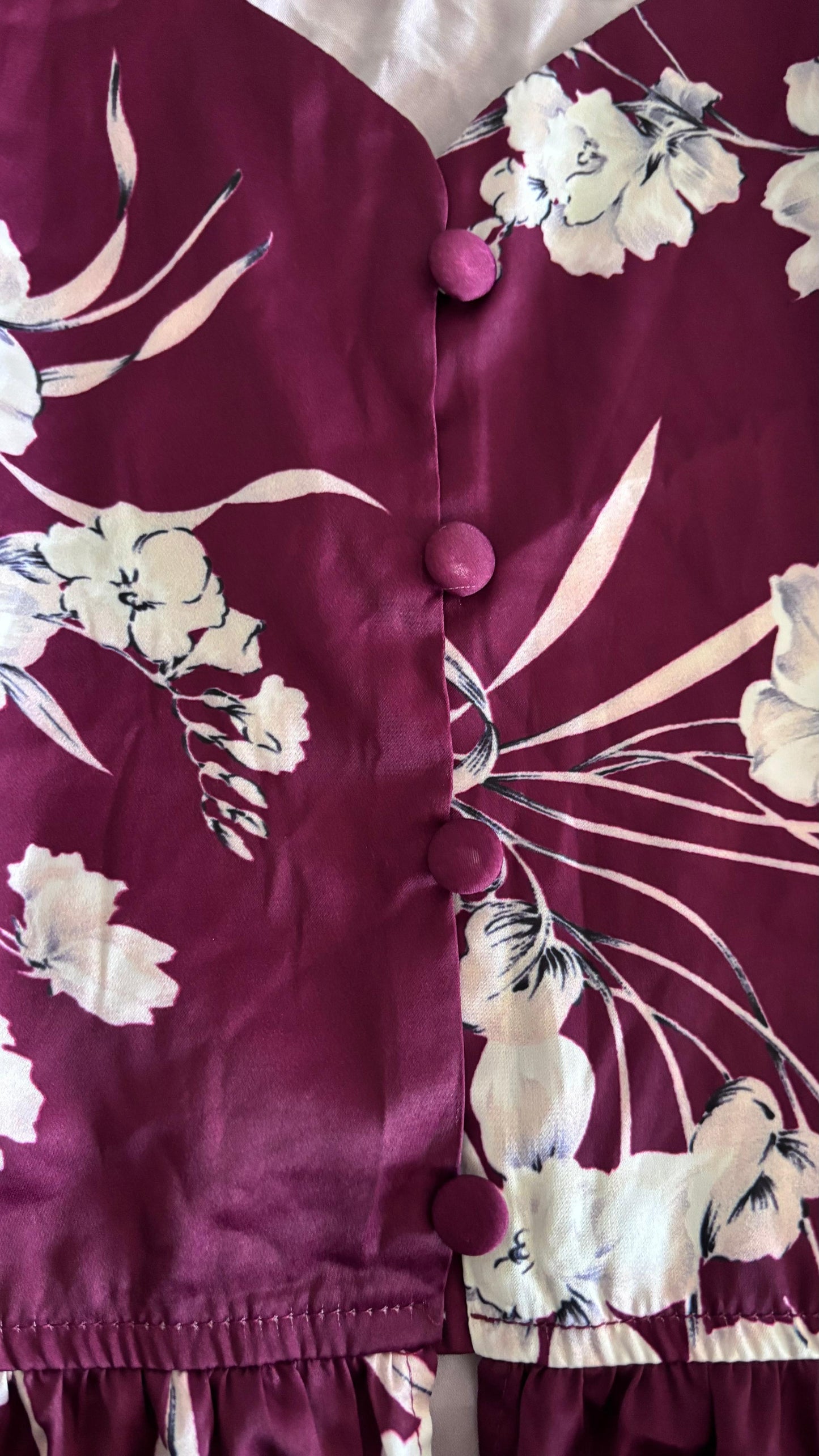 Dark Red Button Up Flower Designed Sleeveless Slik Top