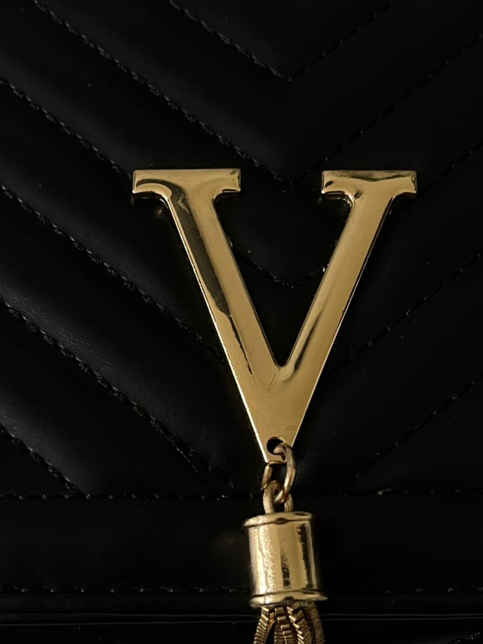 Laides V faux Black Leather Gold Strap Bag