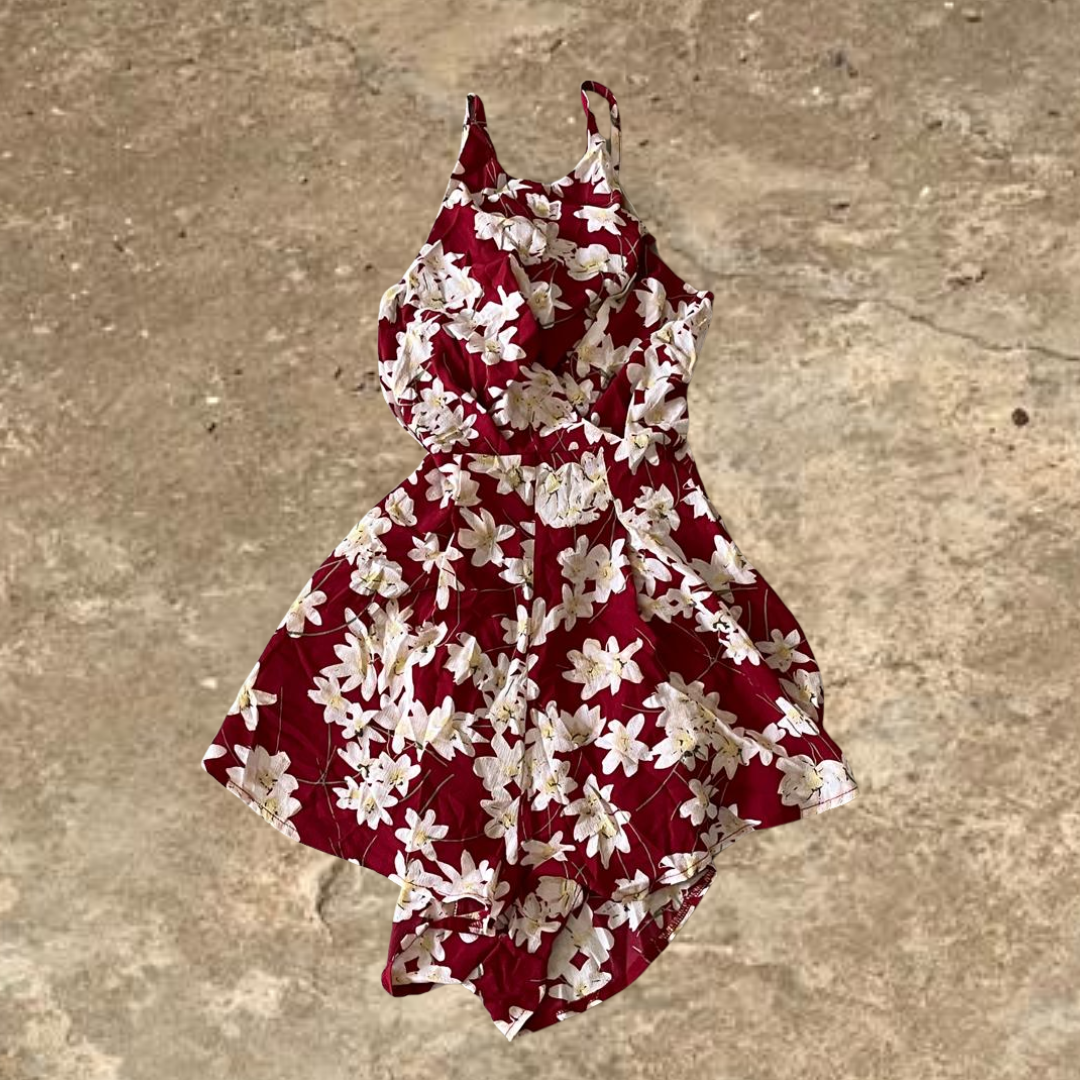 Red Flower Desgined Summer Jump Suit