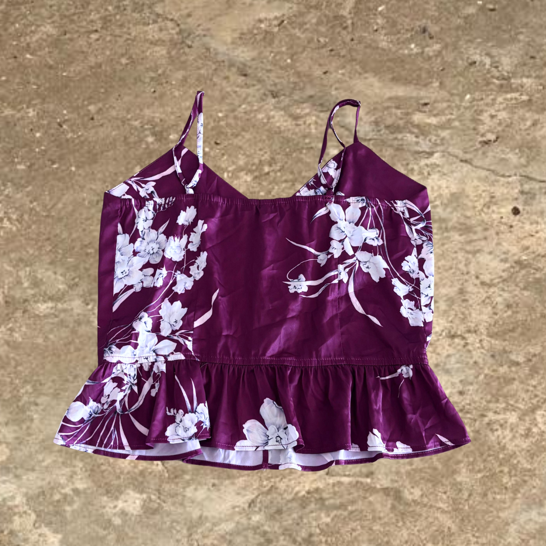 Dark Red Button Up Flower Designed Sleeveless Slik Top