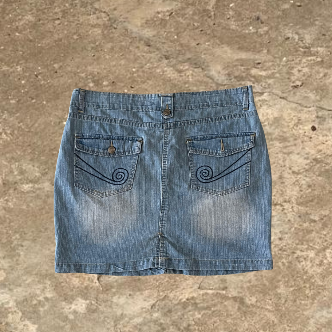 Light Wash Denim Embroidered Mini Skirt
