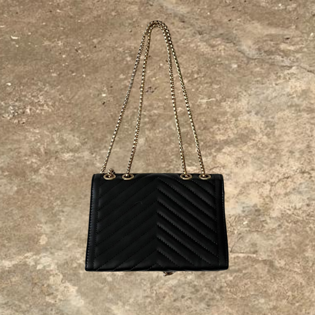 Laides V faux Black Leather Gold Strap Bag