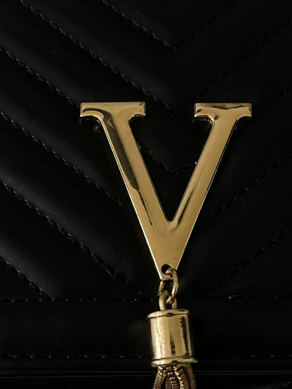 Laides V faux Black Leather Gold Strap Bag