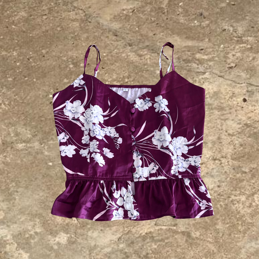 Dark Red Button Up Flower Designed Sleeveless Slik Top