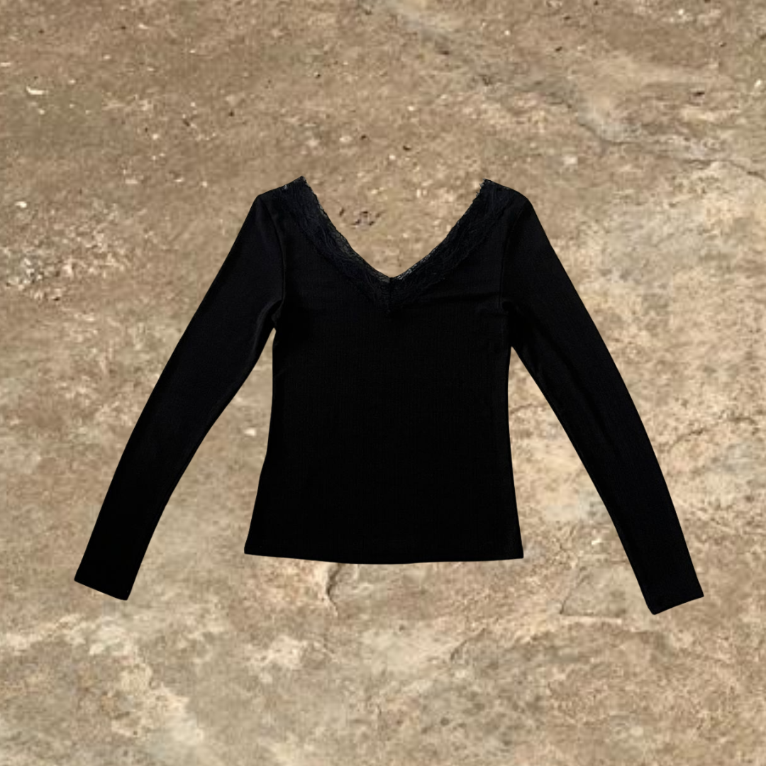Black Laced V neck Long Sleeve Top