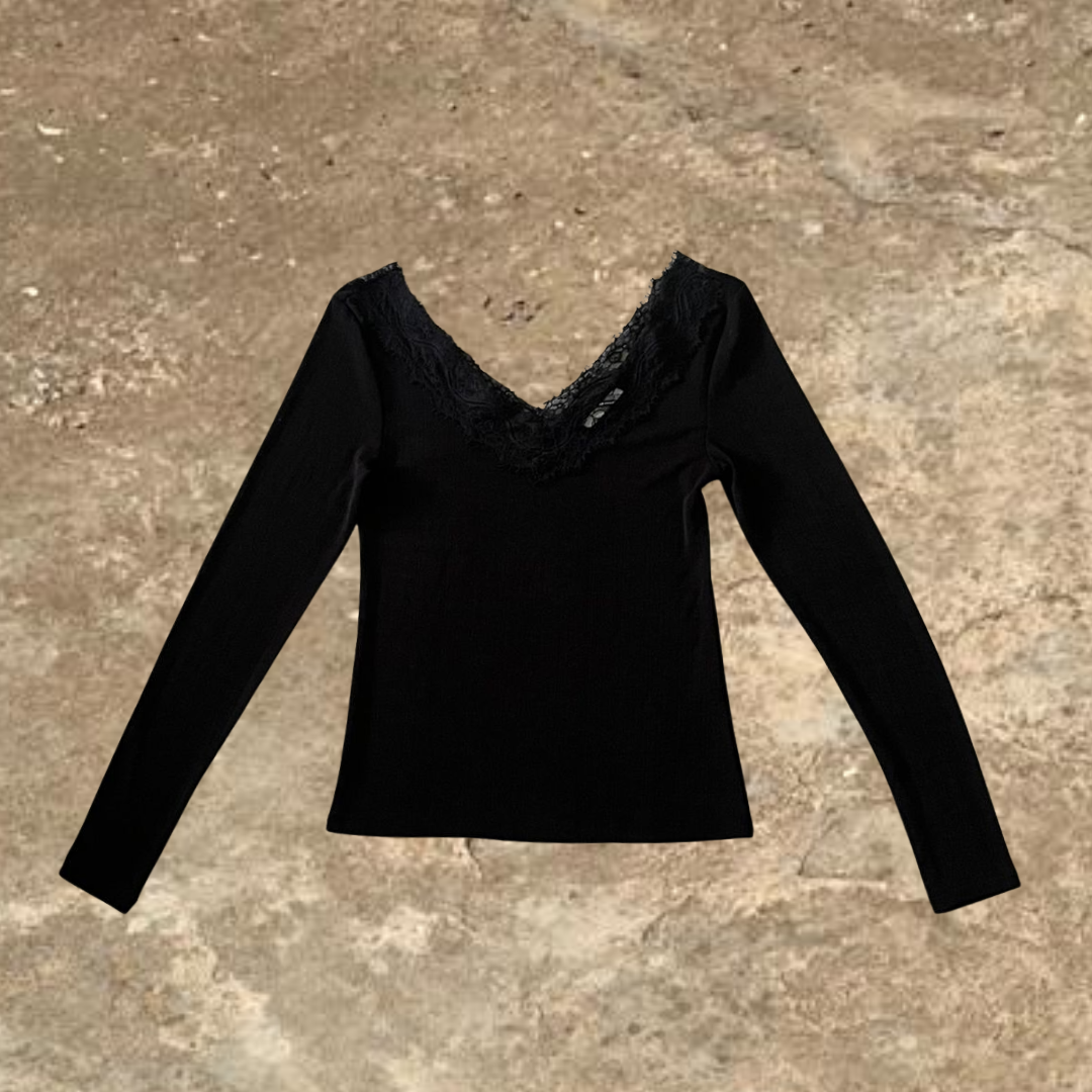 Black Laced V neck Long Sleeve Top