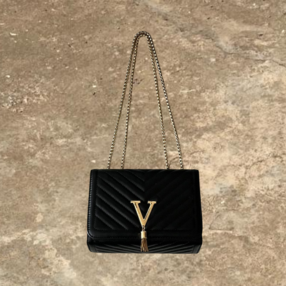 Laides V faux Black Leather Gold Strap Bag