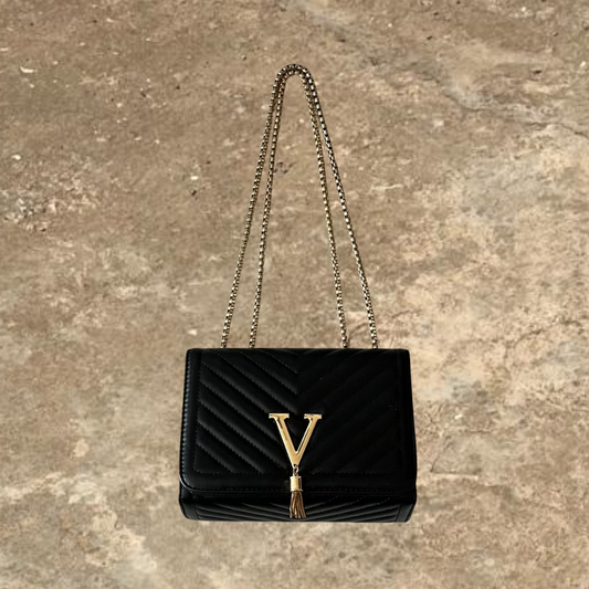 Laides V faux Black Leather Gold Strap Bag