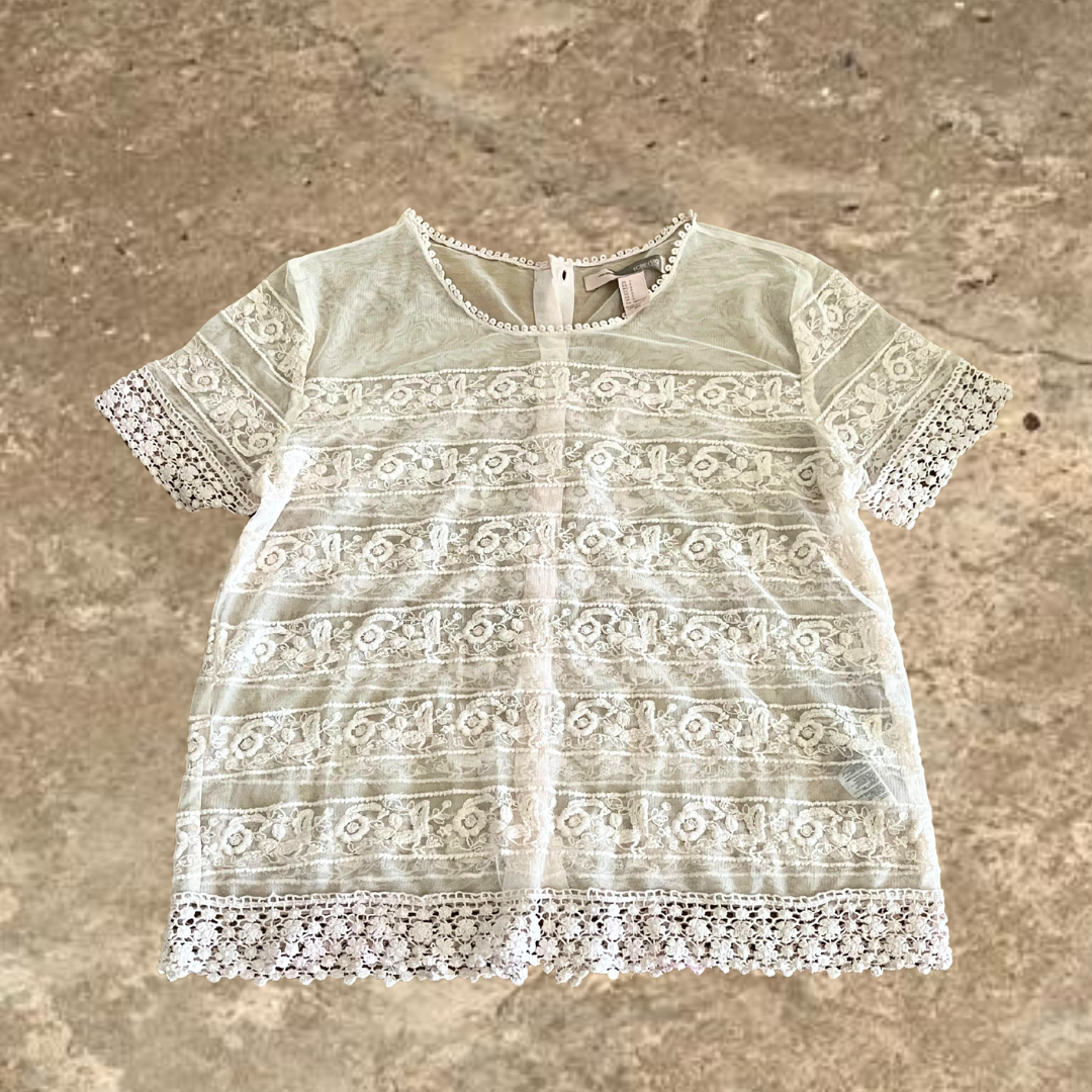 Forever21 Embroidered Lace Short Sleeve Button Up Shirt