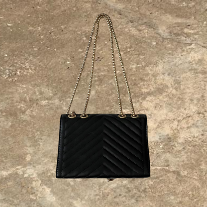 Laides V faux Black Leather Gold Strap Bag